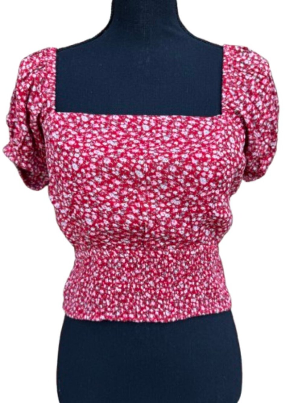 Cropped Ditsy Floral Smocked Waist Puff Sleeve Top Feminine Red Med Sim & Sam